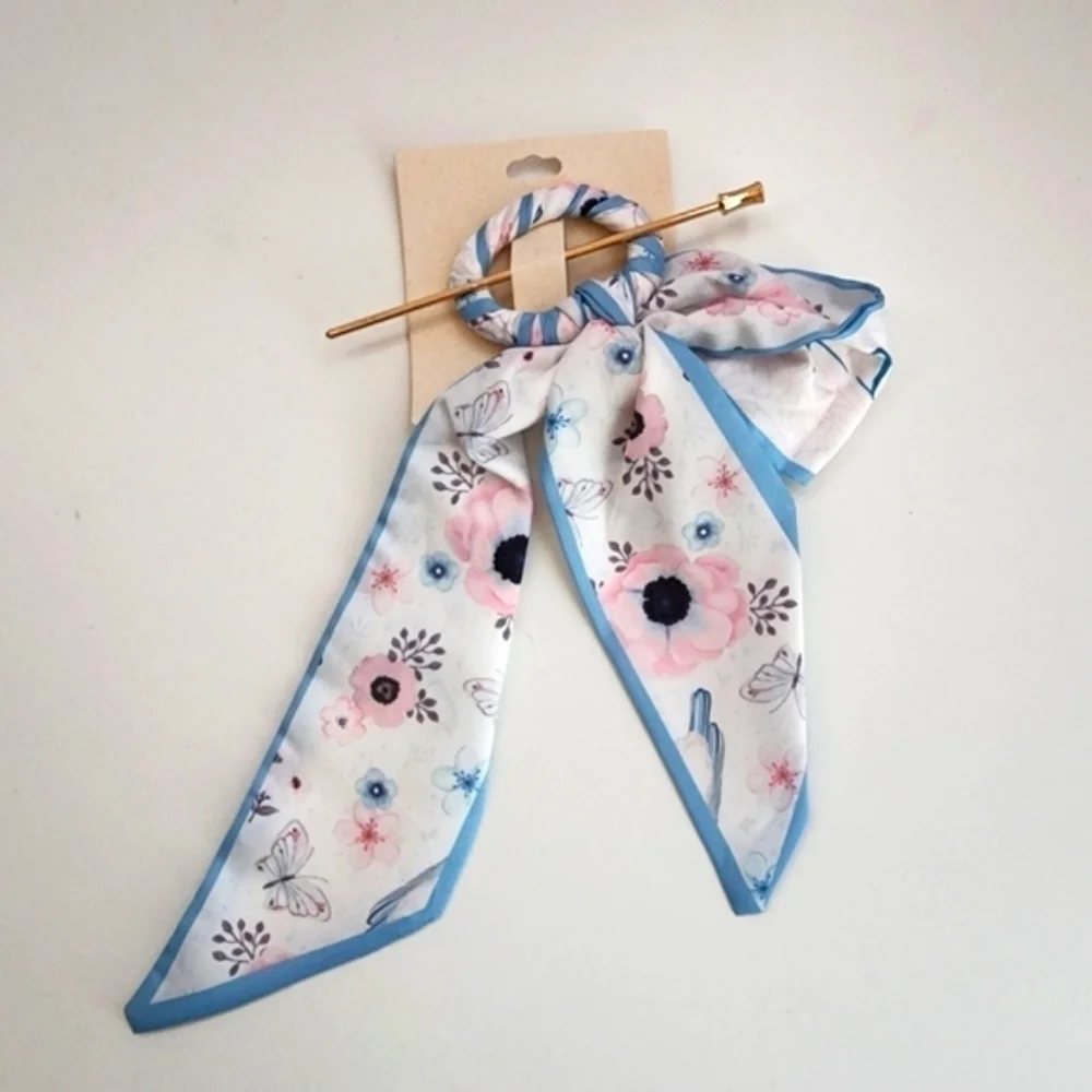 NEW Silky Floral Scarf Hair Barrette Pastel Blue Trim Boutique Hair Pin